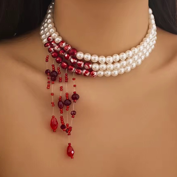 Jewelry - NWT Vampire Blood Drip Pearl Choker – Gothic Red Bead Cosplay Halloween Necklace